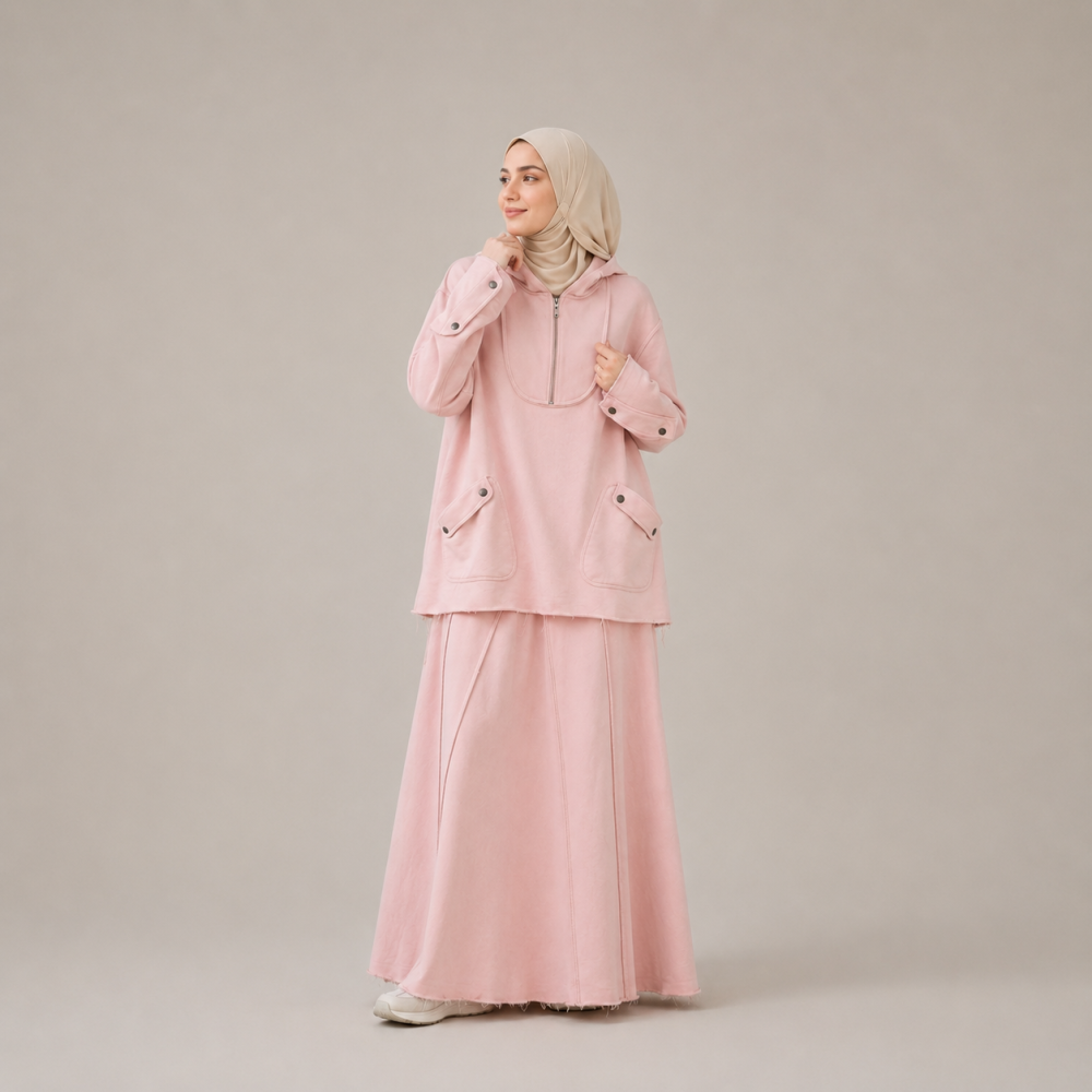 Modest Half Zip Sweatshirt Skirt Set, Side Slit | Laythah
