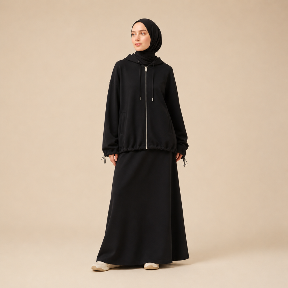 Modest Zip Up Hoodie Skirt Set, Drawstring Hem | Laythah