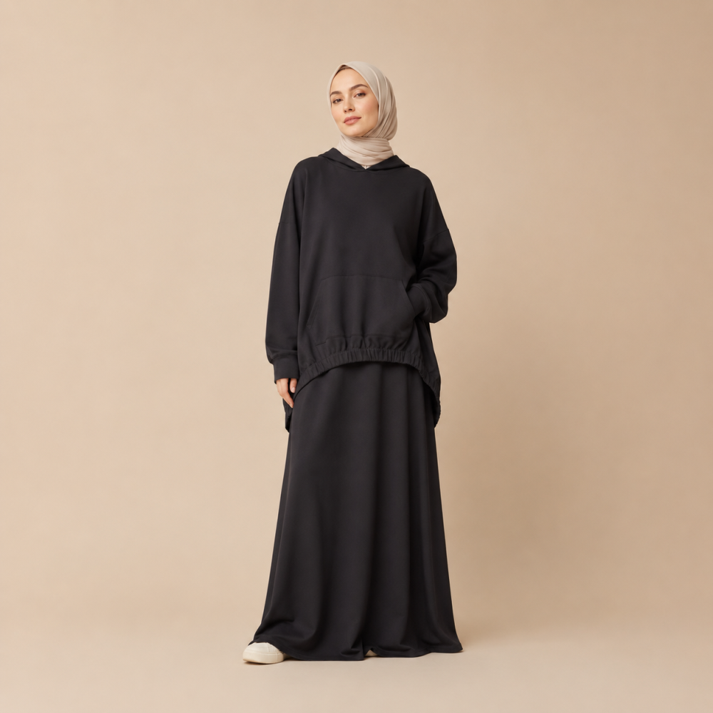 Modest High Low Hem Hoodie Skirt Set, Relaxed Fit | Laythah