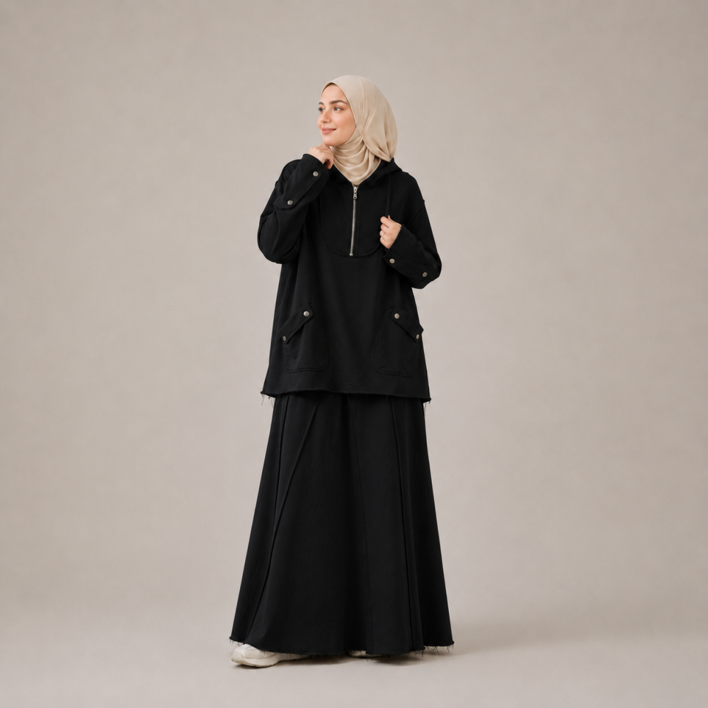 Modest Half Zip Sweatshirt Skirt Set, Side Slit | Laythah
