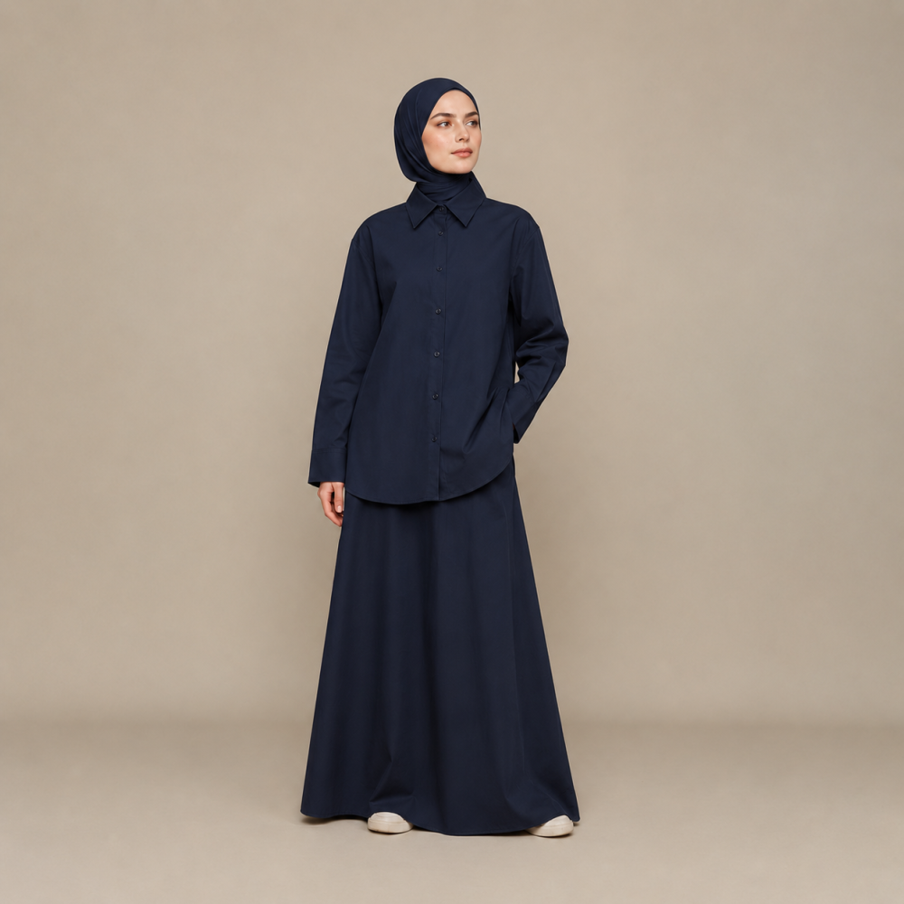 Modest Collared Shirt Skirt Set, Elastic Waist Trench Fabric | Laythah
