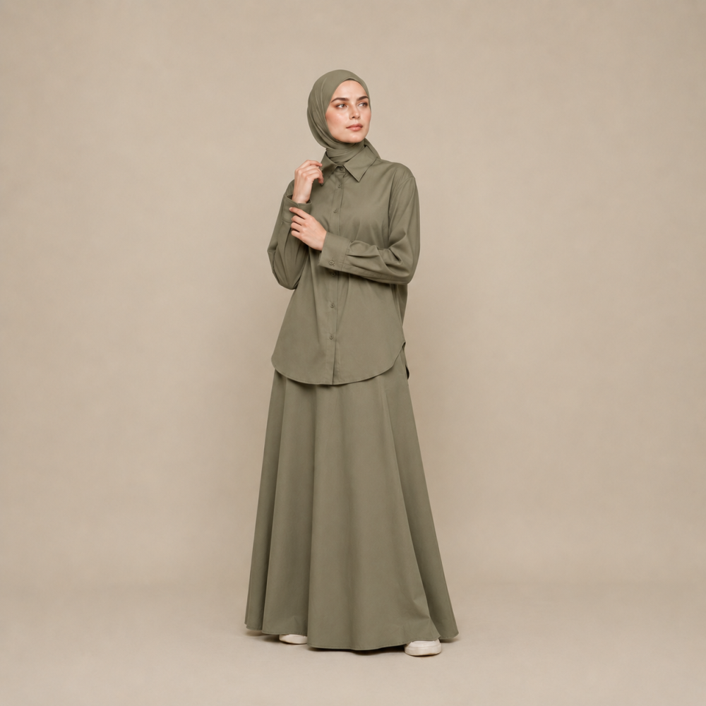 Modest Collared Shirt Skirt Set, Elastic Waist Trench Fabric | Laythah