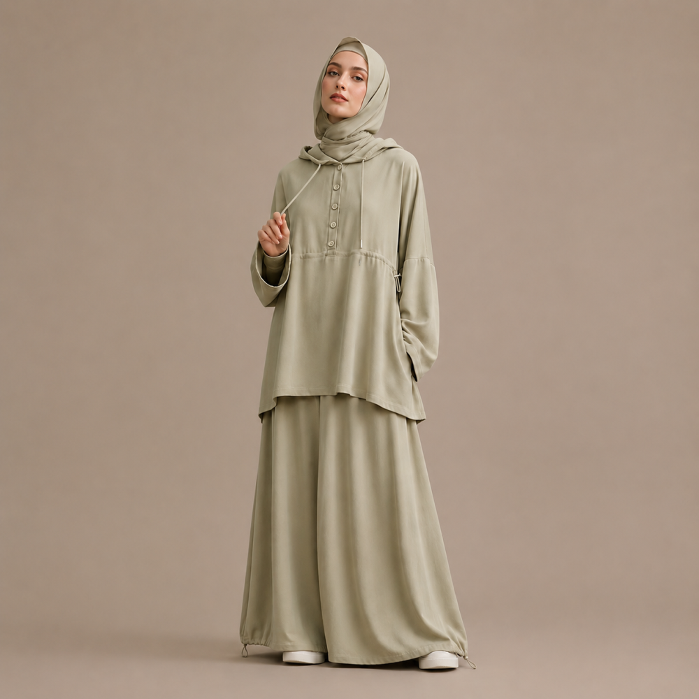 Cupro Single-Breasted Waist-Cinching Hooded Two-Piece Dress Set