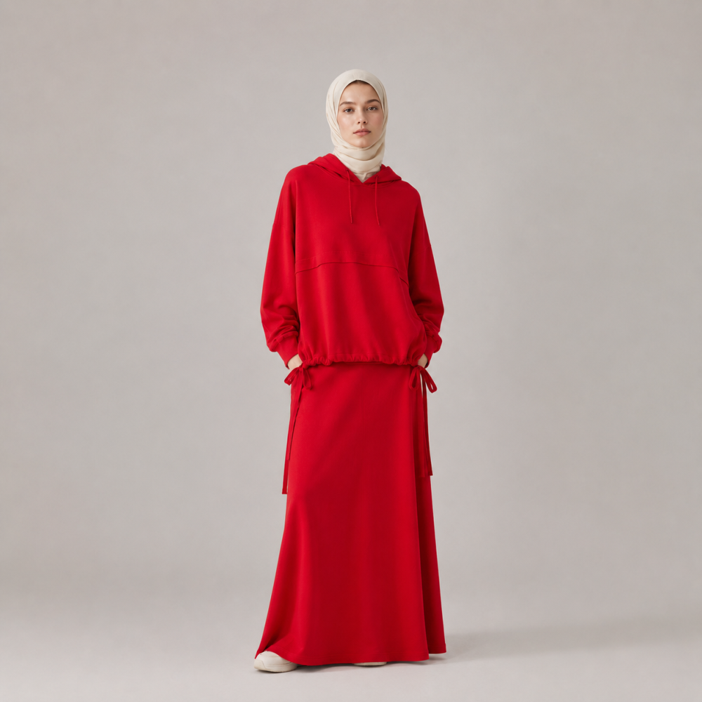 Modest Bow Tie Hem Hoodie Skirt Set, Women's Casual | Laythah