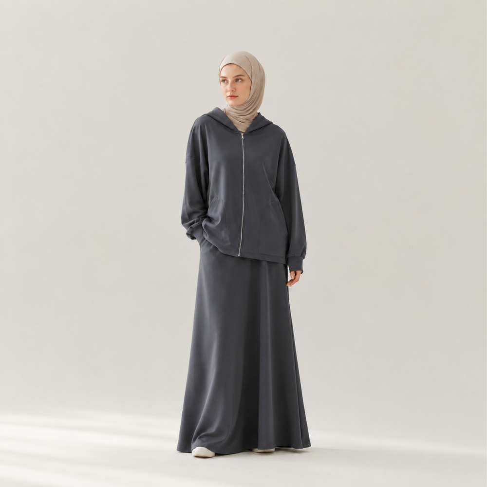 Modest Oversized Hoodie Skirt Set, Drawstring Hem Flare | Laythah