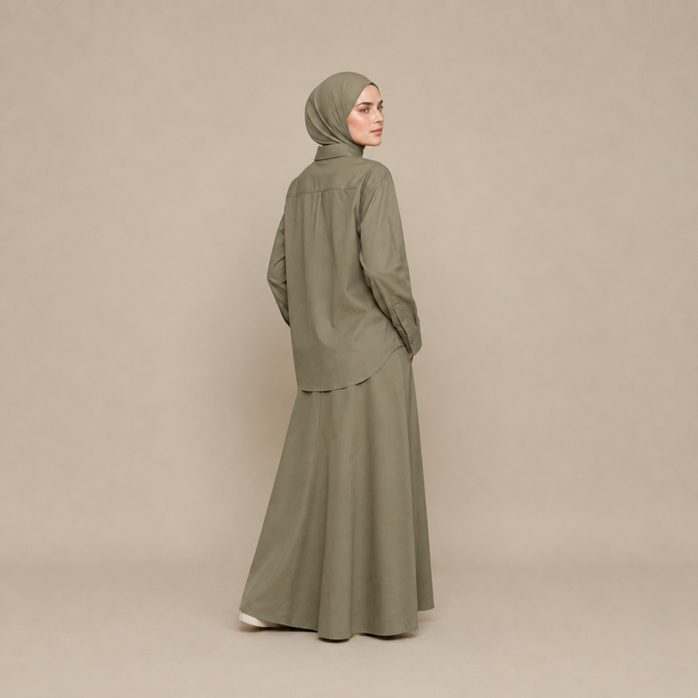 Modest Collared Shirt Skirt Set, Elastic Waist Trench Fabric | Laythah