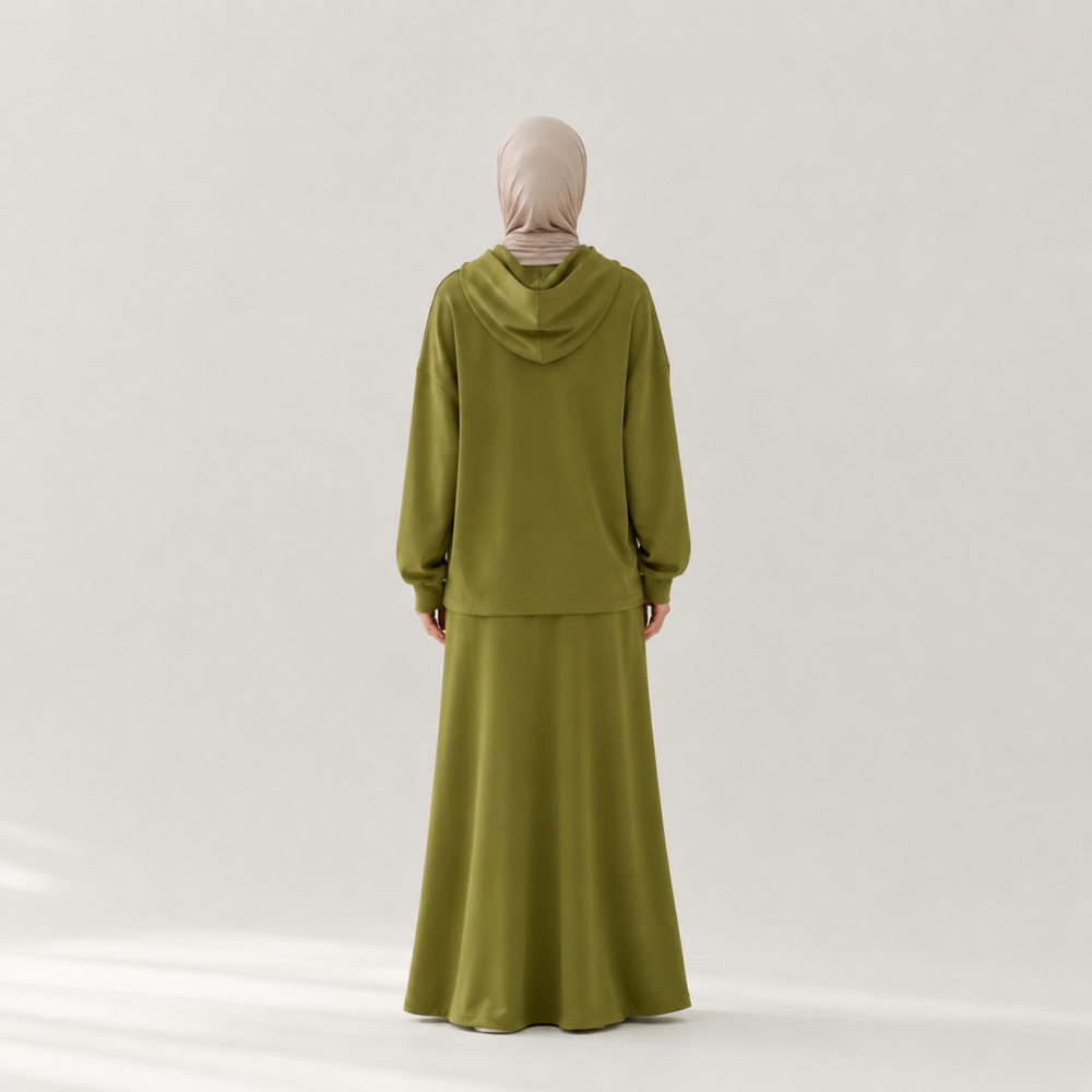 Modest Oversized Hoodie Skirt Set, Drawstring Hem Flare | Laythah