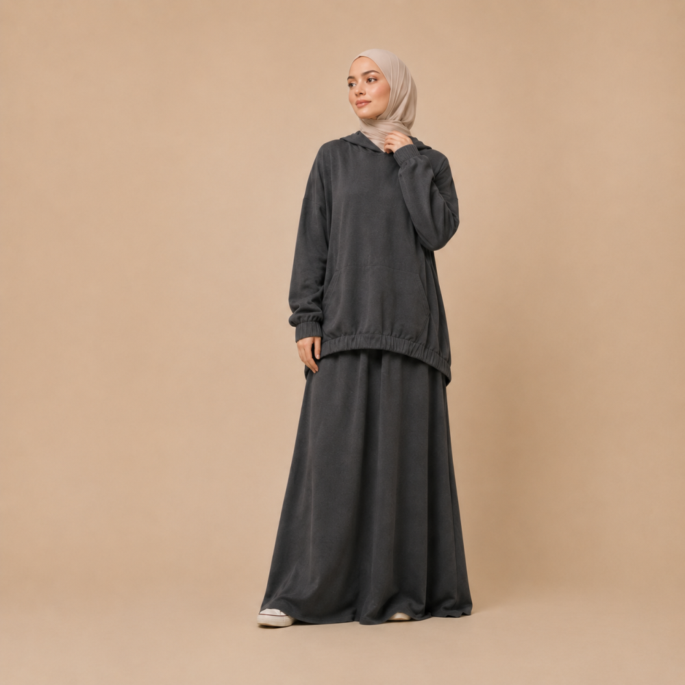 Modest High Low Hem Hoodie Skirt Set, Relaxed Fit | Laythah
