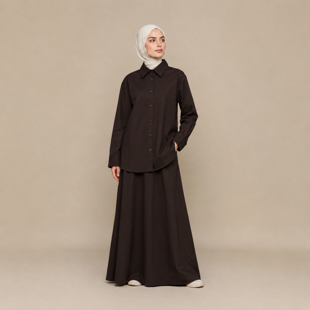 Modest Collared Shirt Skirt Set, Elastic Waist Trench Fabric | Laythah