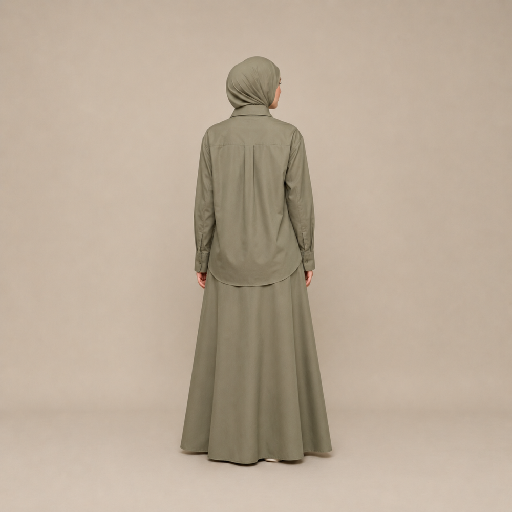 Modest Collared Shirt Skirt Set, Elastic Waist Trench Fabric | Laythah