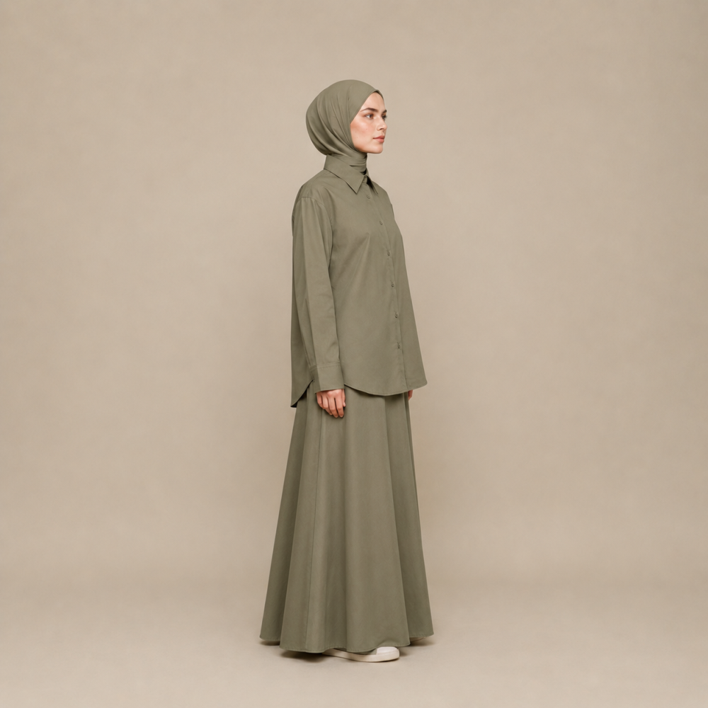 Modest Collared Shirt Skirt Set, Elastic Waist Trench Fabric | Laythah
