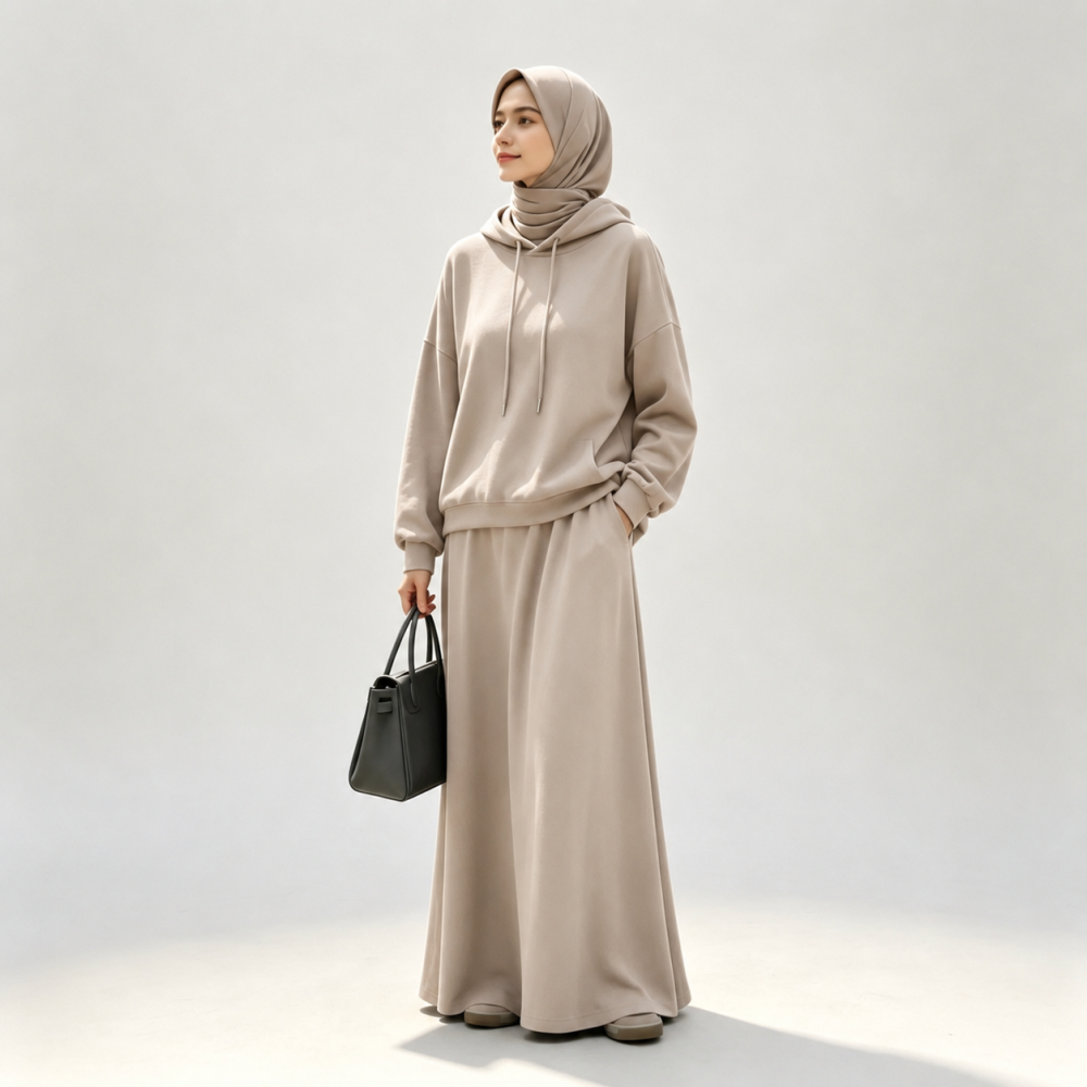 Windproof Modest Hooded Outerwear & Maxi Skirt Co-ord Set