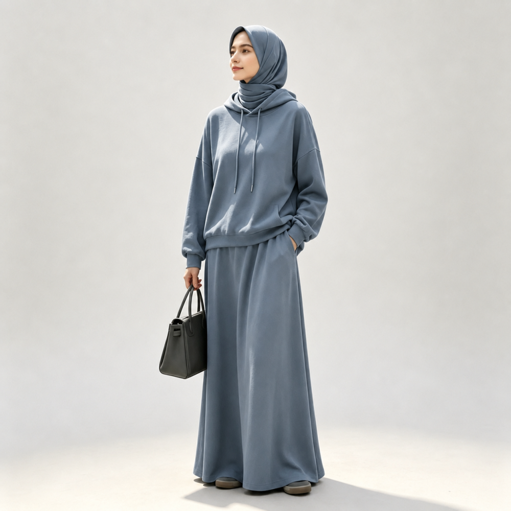 Windproof Modest Hooded Outerwear & Maxi Skirt Co-ord Set