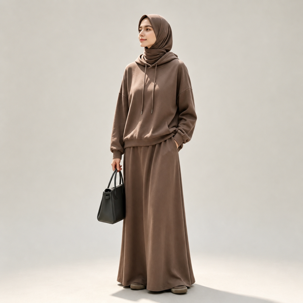 Windproof Modest Hooded Outerwear & Maxi Skirt Co-ord Set