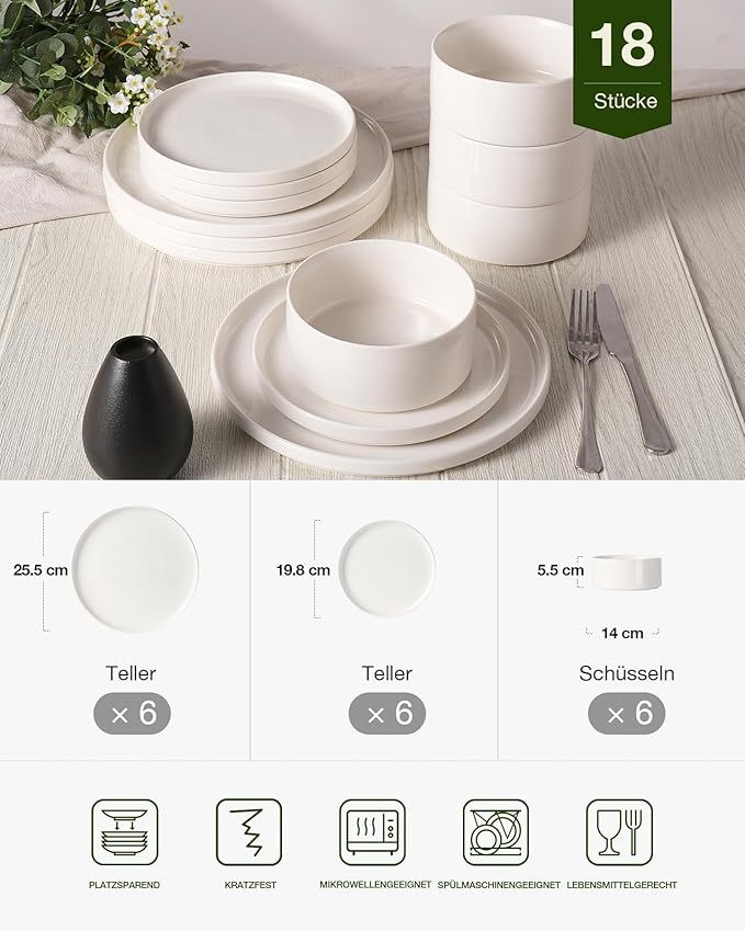 Richmount Crockery Set 18 Pieces, Porcelain Service for 6 People, Plate Set with Modern, Raised Rim, Microwave & Dishwasher Safe, White