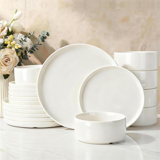Richmount Crockery Set 18 Pieces, Porcelain Service for 6 People, Plate Set with Modern, Raised Rim, Microwave & Dishwasher Safe, White
