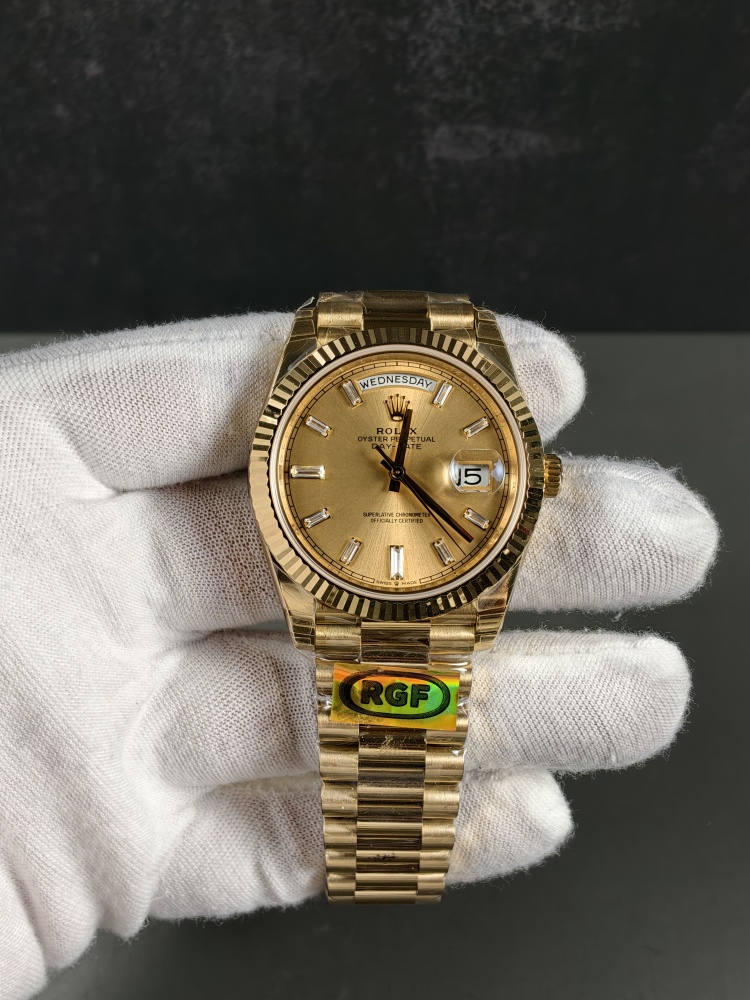 Rolex RGF Weighted Day-Date 40 Yellow Gold Champagne Baguette Dial
