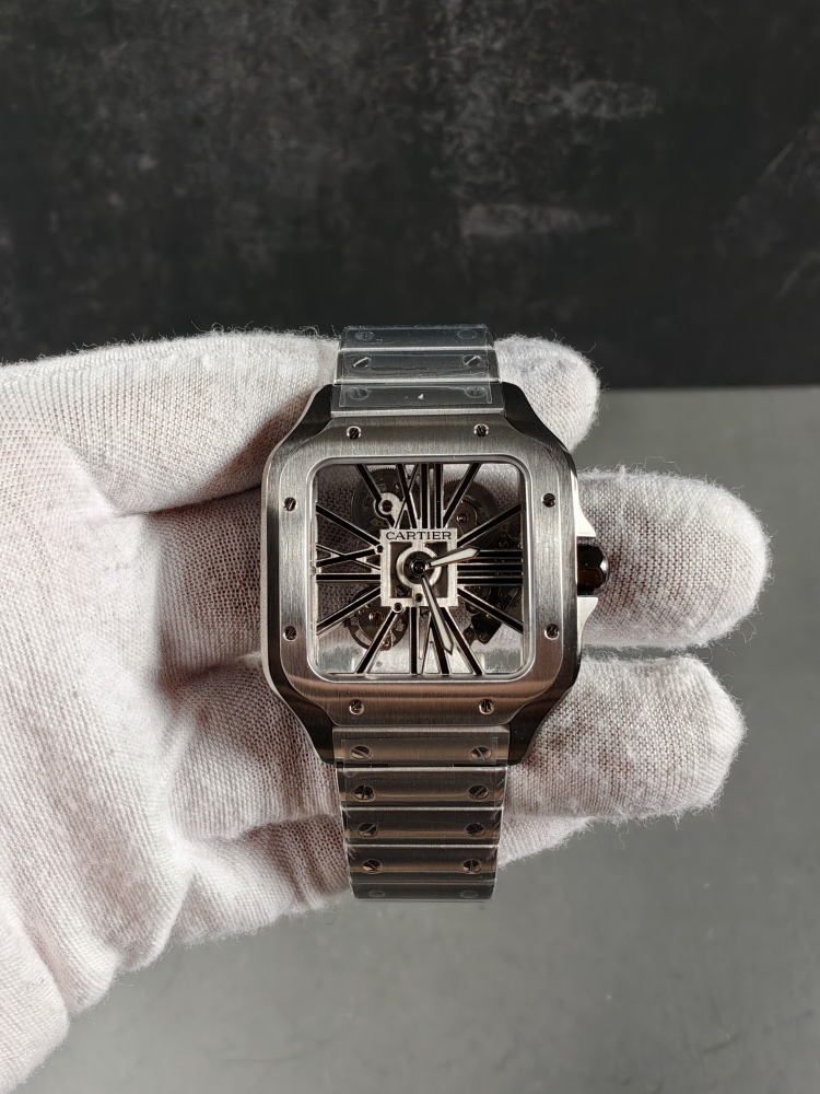 RICH Santos de Cartier Skeleton WHSA0027 Black ADLC | 39.8mm | 9611 MC Clone Manual-Wind Movement