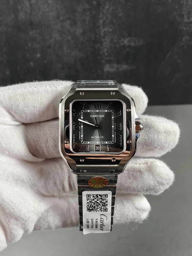 AF Santos de Cartier Large Model Black Dial | Stainless Steel | Miyota 9015 Automatic Movement | Extra Black Leather Strap