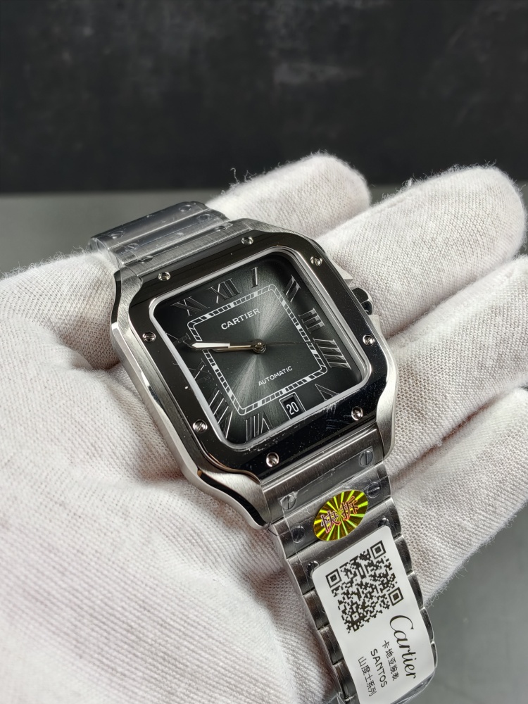 AF Santos de Cartier Large Model Black Dial | Stainless Steel | Miyota 9015 Automatic Movement | Extra Black Leather Strap