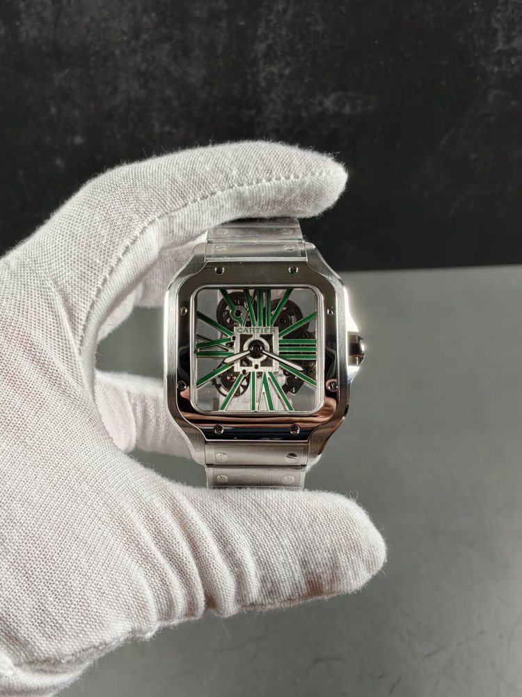 RICH Santos de Cartier Skeleton WHSA0028 Green | 39.8mm | 9611 MC Clone Manual-Wind Movement