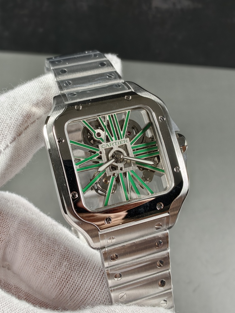 RICH Santos de Cartier Skeleton WHSA0028 Green | 39.8mm | 9611 MC Clone Manual-Wind Movement
