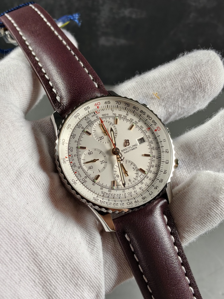 BLS Navitimer 1 Chronograph Silver Dial | 41mm | B01 Super Clone Automatic Chronograph Movement | Brown Leather Strap
