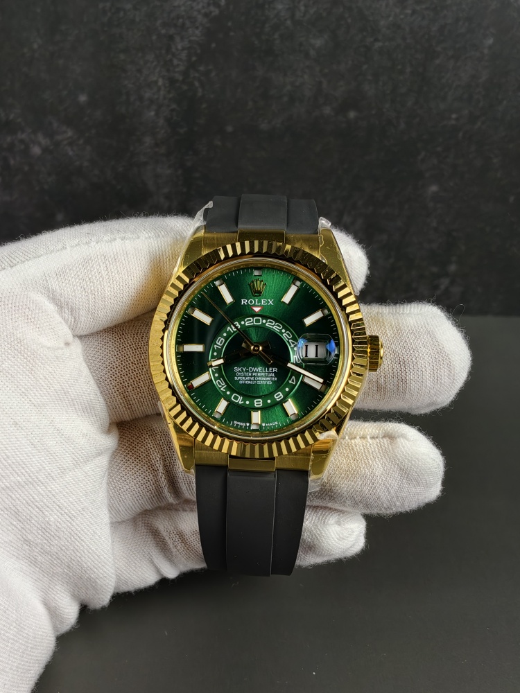 3B Weighted Sky-Dweller Yellow Gold Green Dial | 42mm | 186g | Super Clone 9002 Annual Calendar Movement | Oysterflex (E+F)