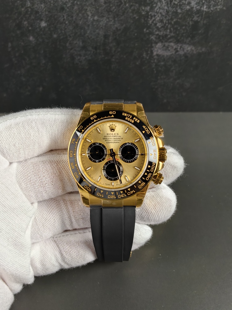 QF Daytona "Pikachu" Yellow Gold Black Dial | 40mm | DD4131 Super Clone Chronograph Movement | Oysterflex Bracelet (Size E+F)