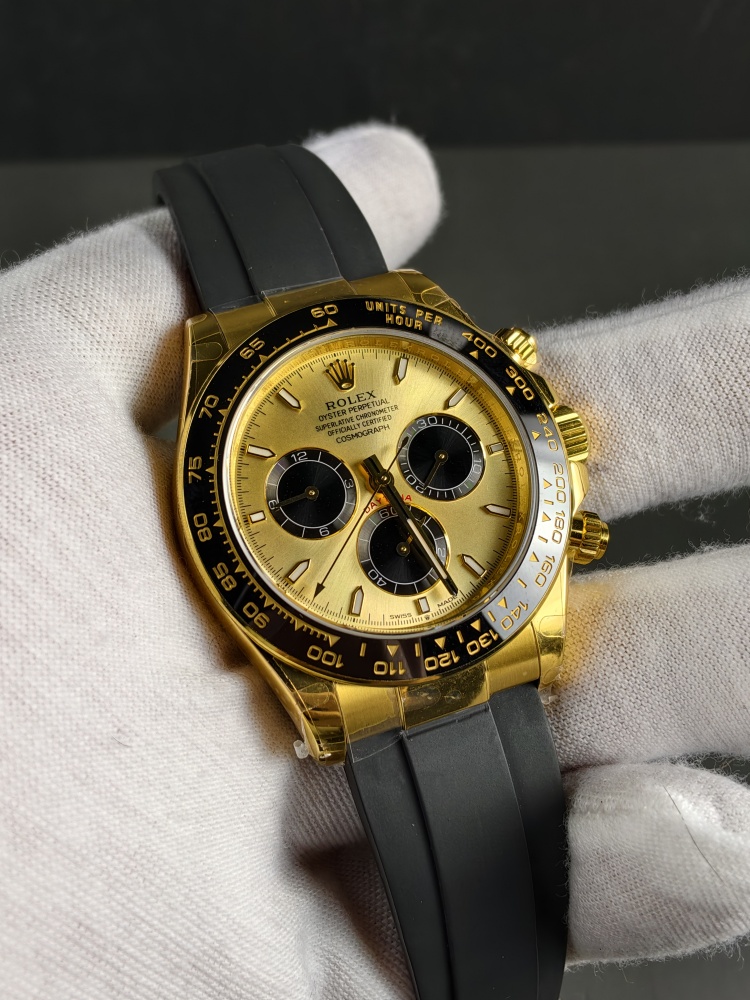 QF Daytona "Pikachu" Yellow Gold Black Dial | 40mm | DD4131 Super Clone Chronograph Movement | Oysterflex Bracelet (Size E+F)