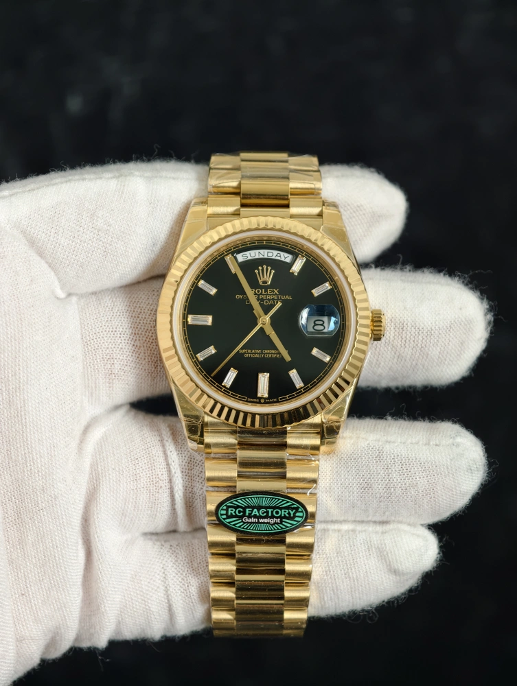 Traditional Cloning Process RC Day-Date 40mm Yellow Gold Black Baguette Dial – Weighted Automatic ...