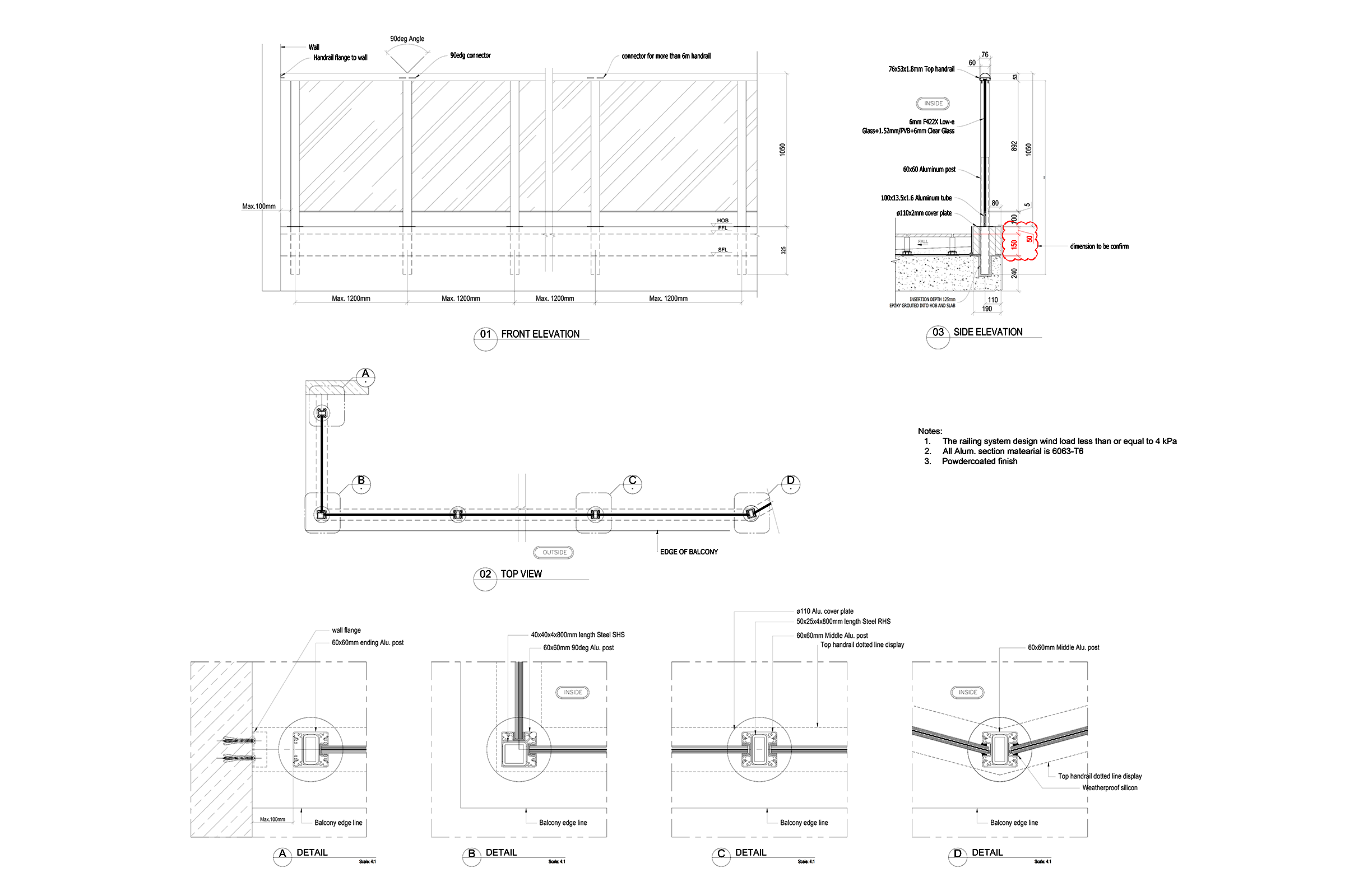 Aluminum Glass Railing engineering drawing