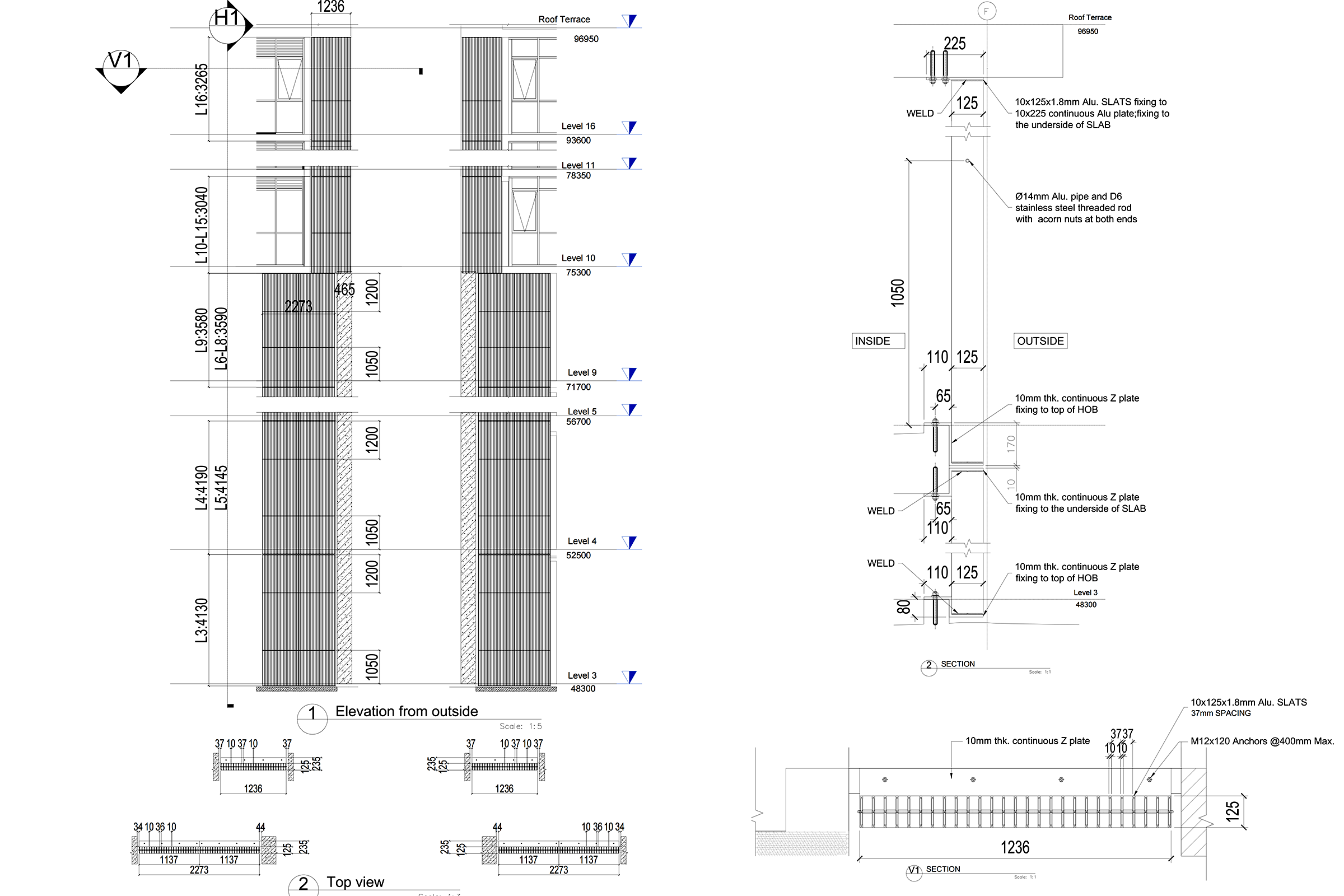 Vertical Louvre Facade Screen engineering drawing