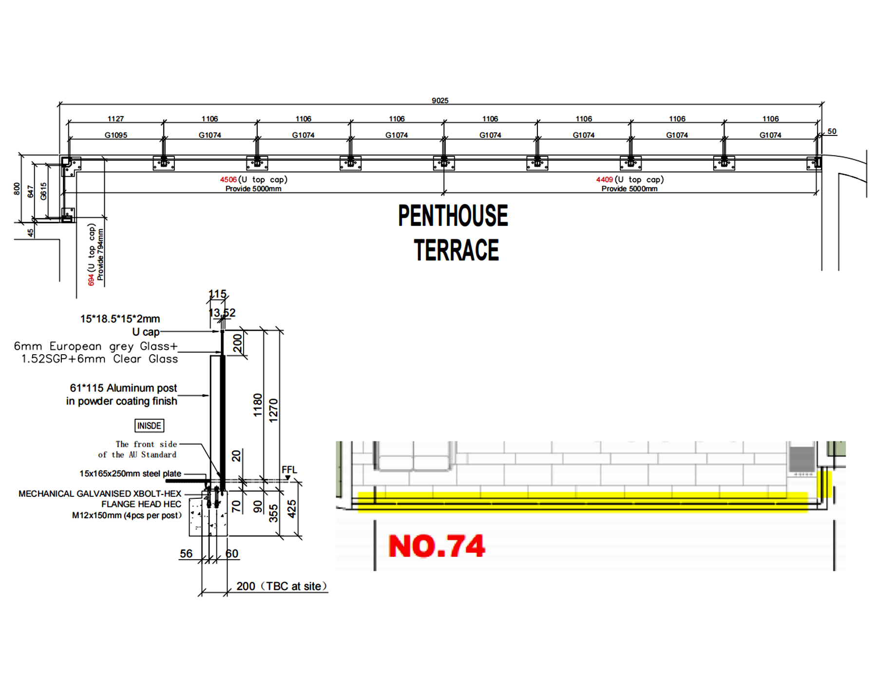 ORIA Aluminum Glass Railing System detail drawing