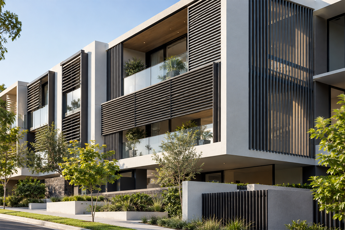 Architectural aluminium louvre applications on a residential building facade