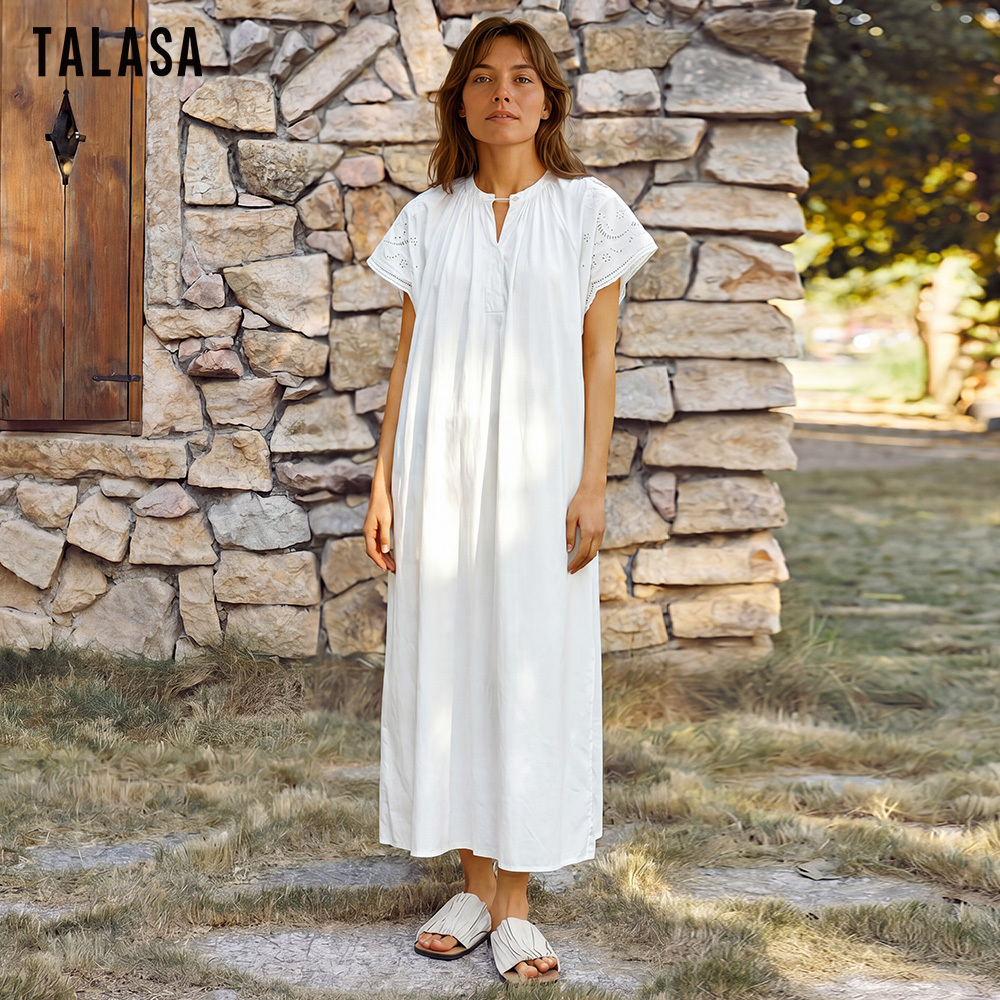 Elina Embroidered Cotton Midi Dress in Ivory