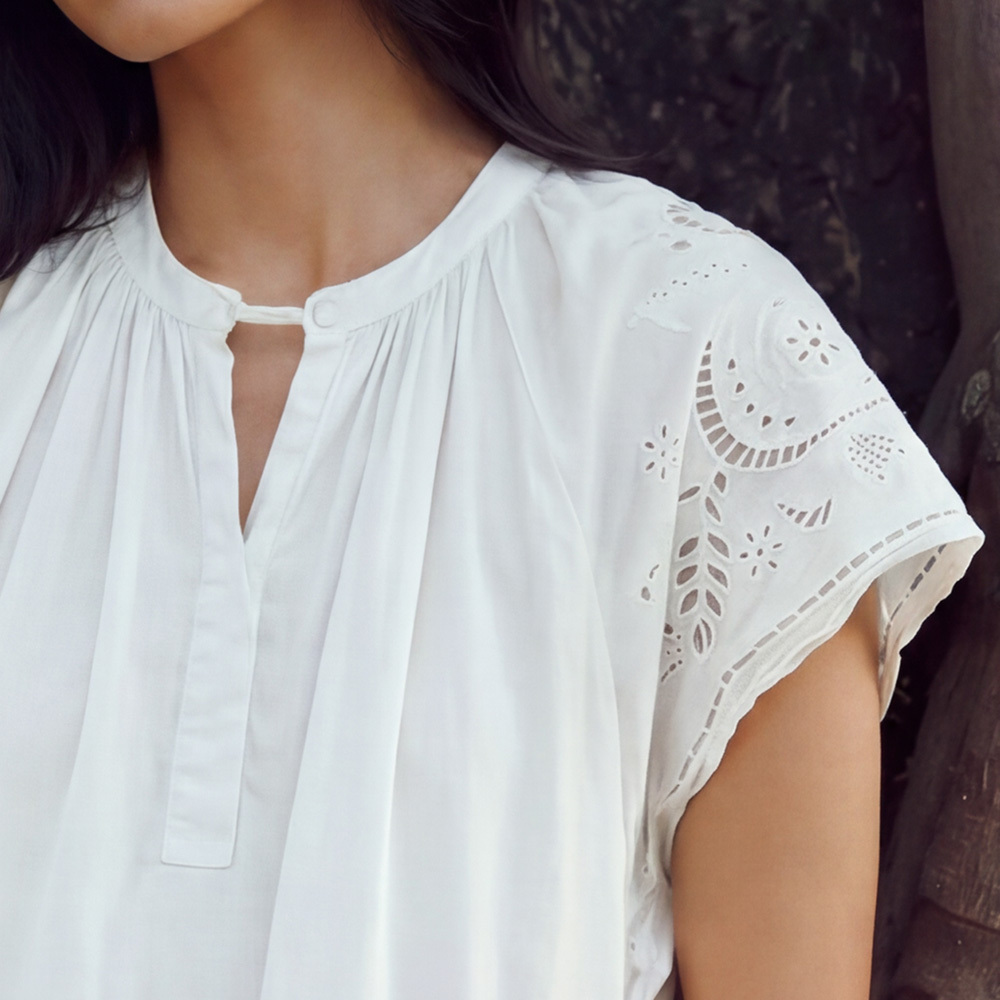 Elina Embroidered Cotton Midi Dress in Ivory