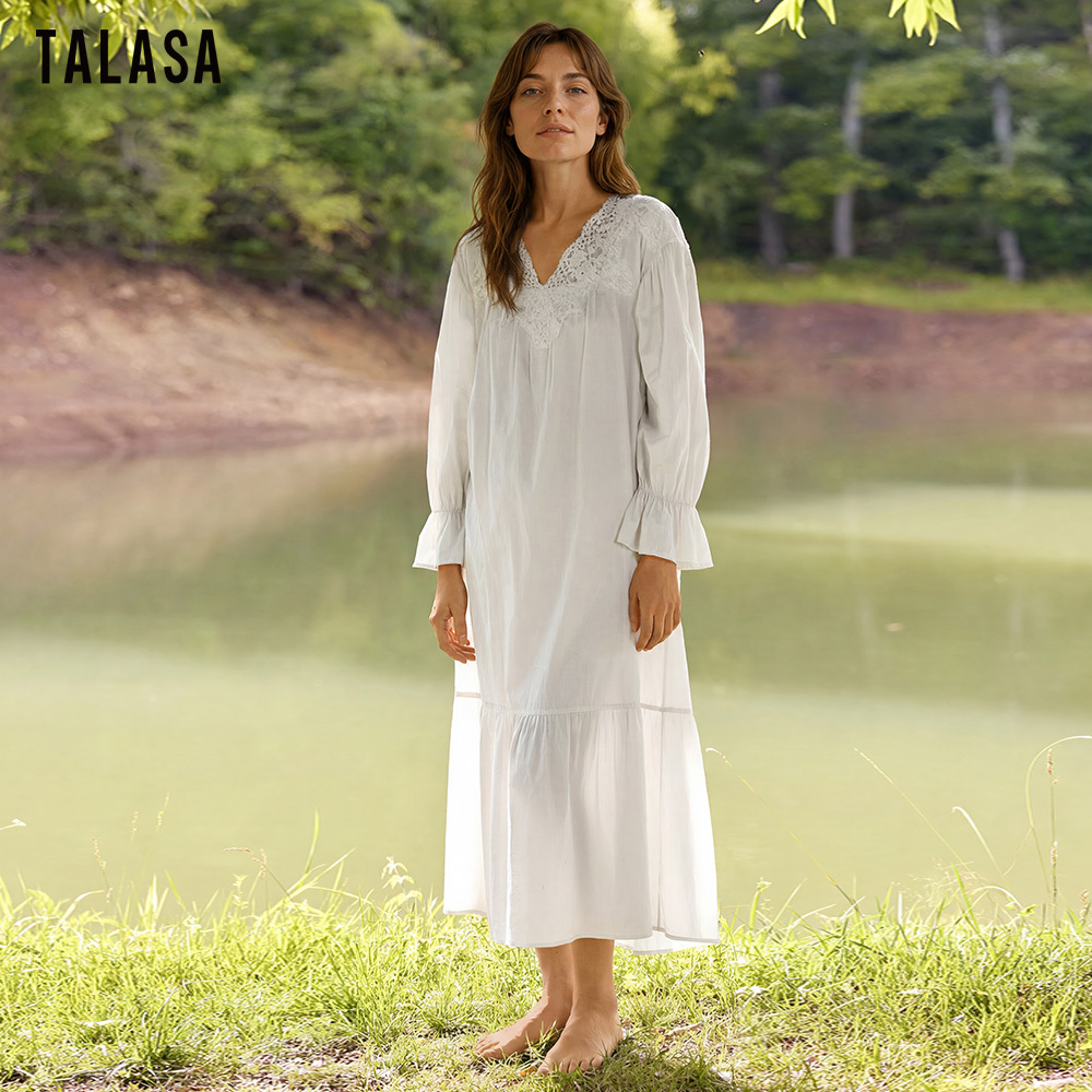 100% Cotton‌ nightgown trimmed with white lace