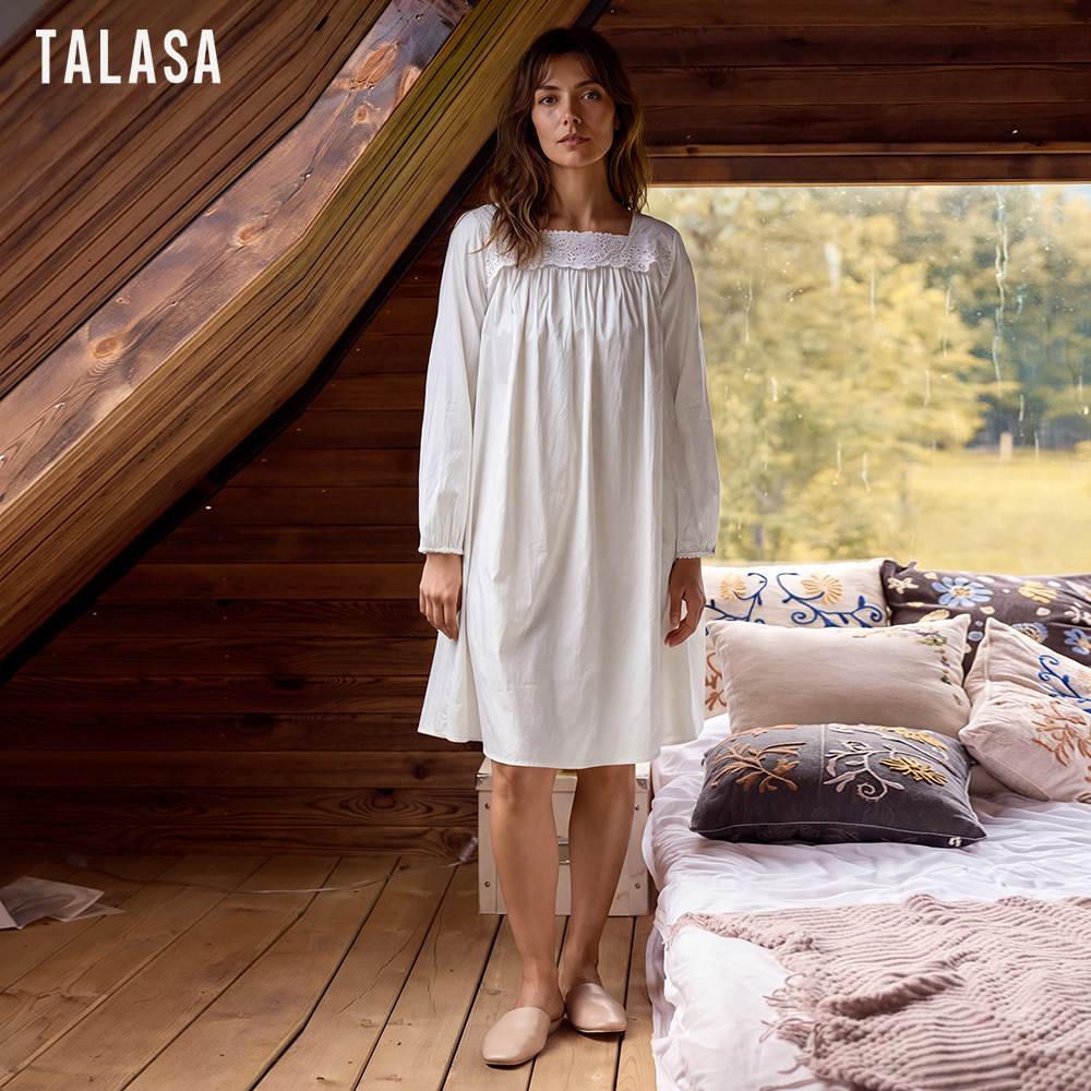 ‌100% Cotton‌ nightgown trimmed with white lace