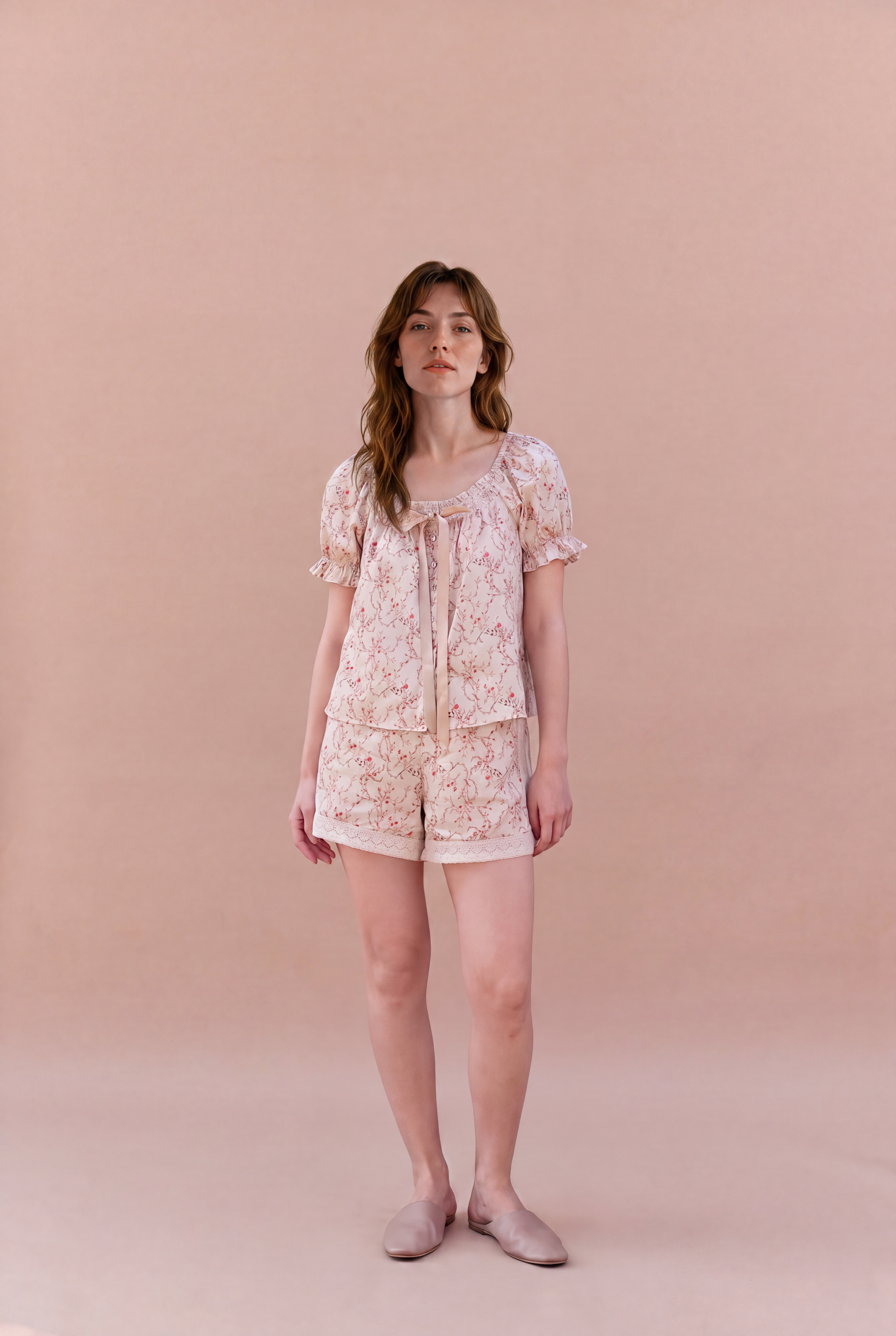 Romantic Floral Cotton Lounge Top with Ruffle Neckline