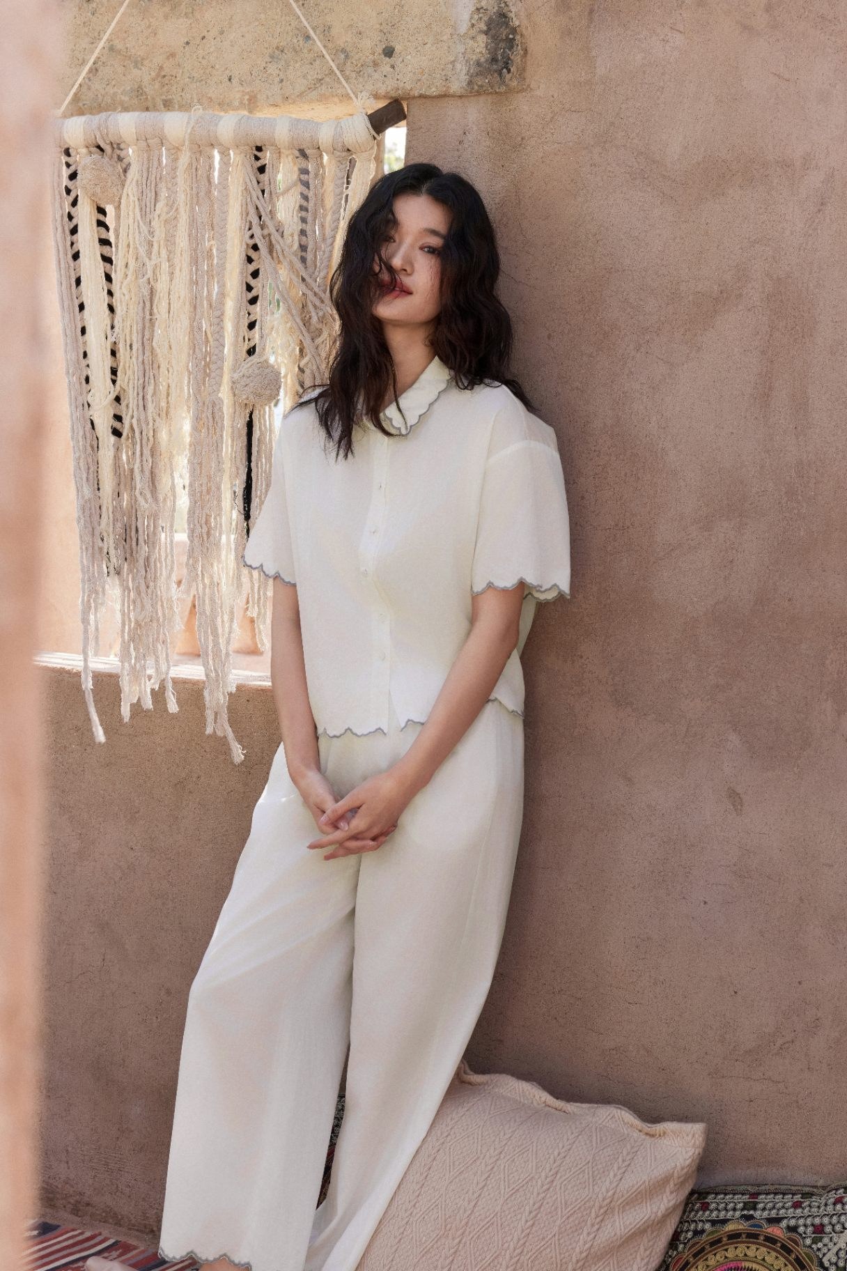 TALASA 100% Cotton Embroidered Scalloped Trim Short Sleeve Shirt