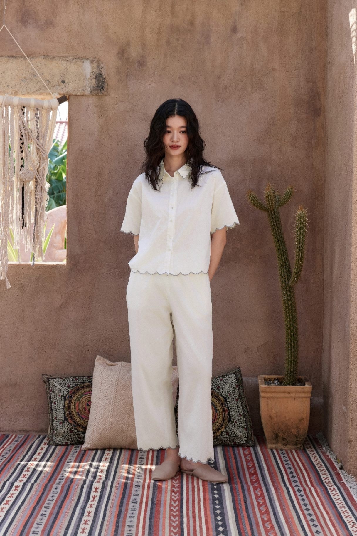 TALASA 100% Cotton Embroidered Scalloped Trim Short Sleeve Shirt