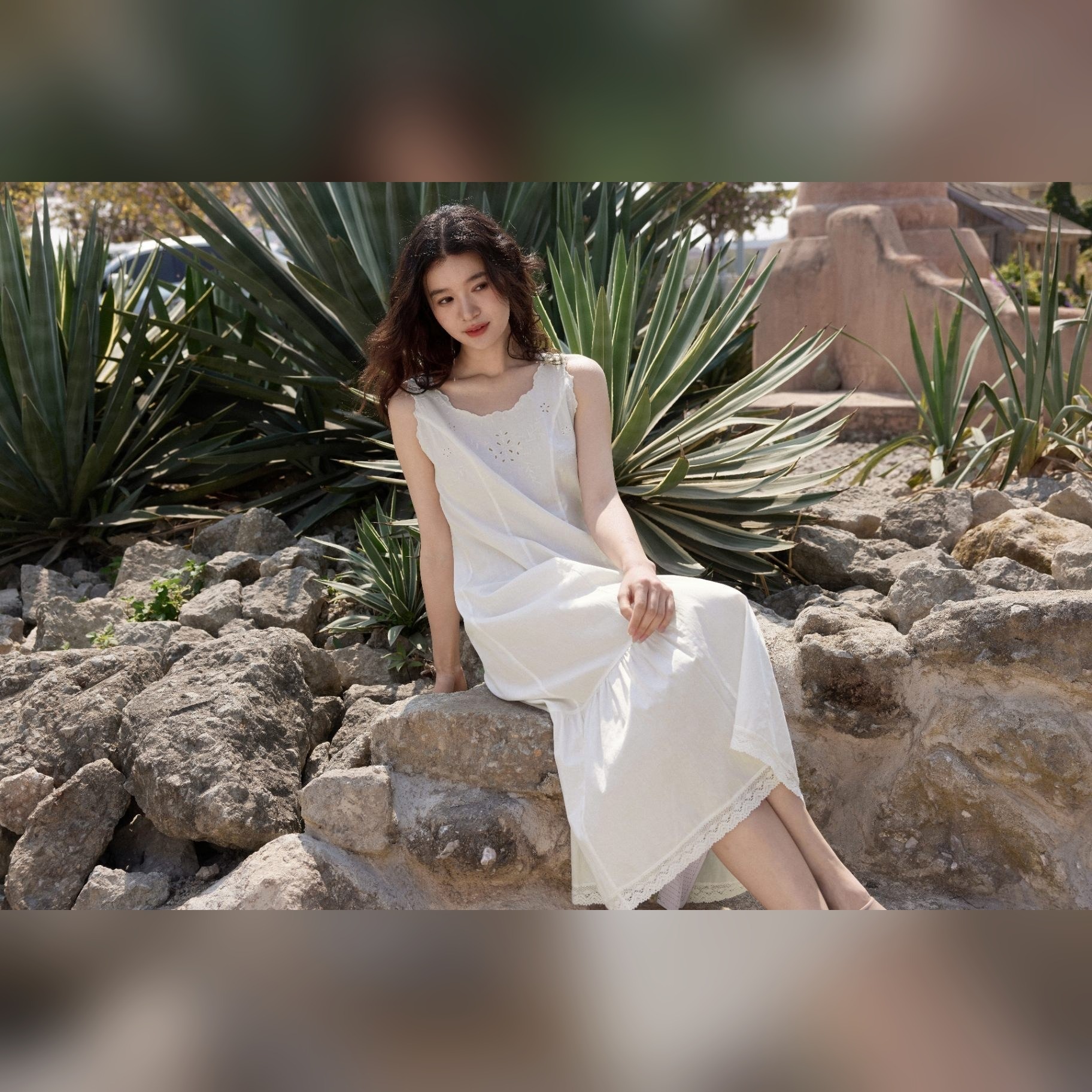 TALASA 100% Cotton Spaghetti Strap Embroidered Nightgown
