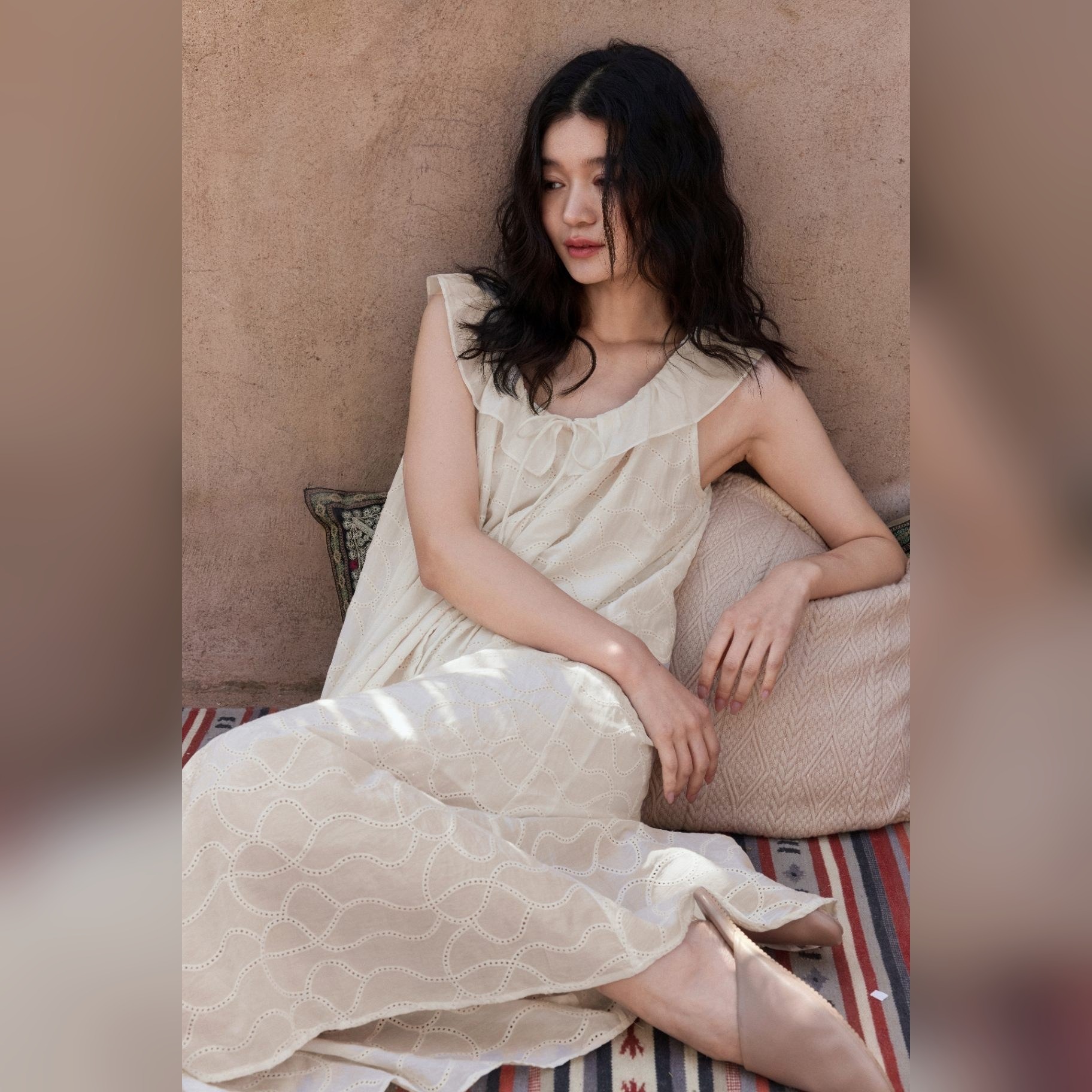 TALASA Silk Cotton Ruffle Collar Embroidered 2-Piece Nightgown Set