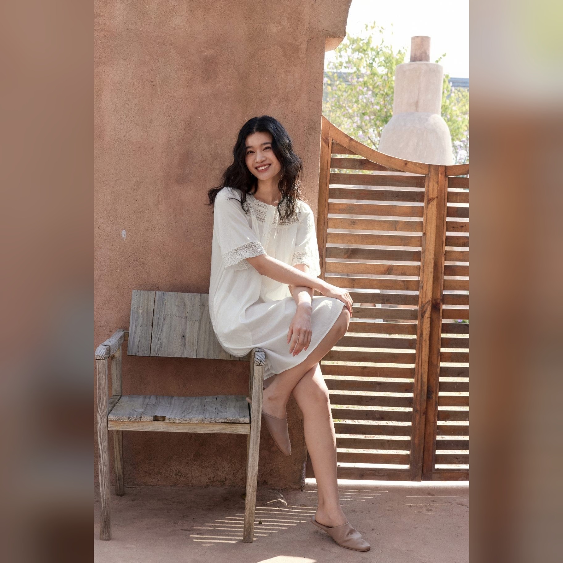 TALASA 100% Cotton Short Sleeve Lace Trim Nightgown