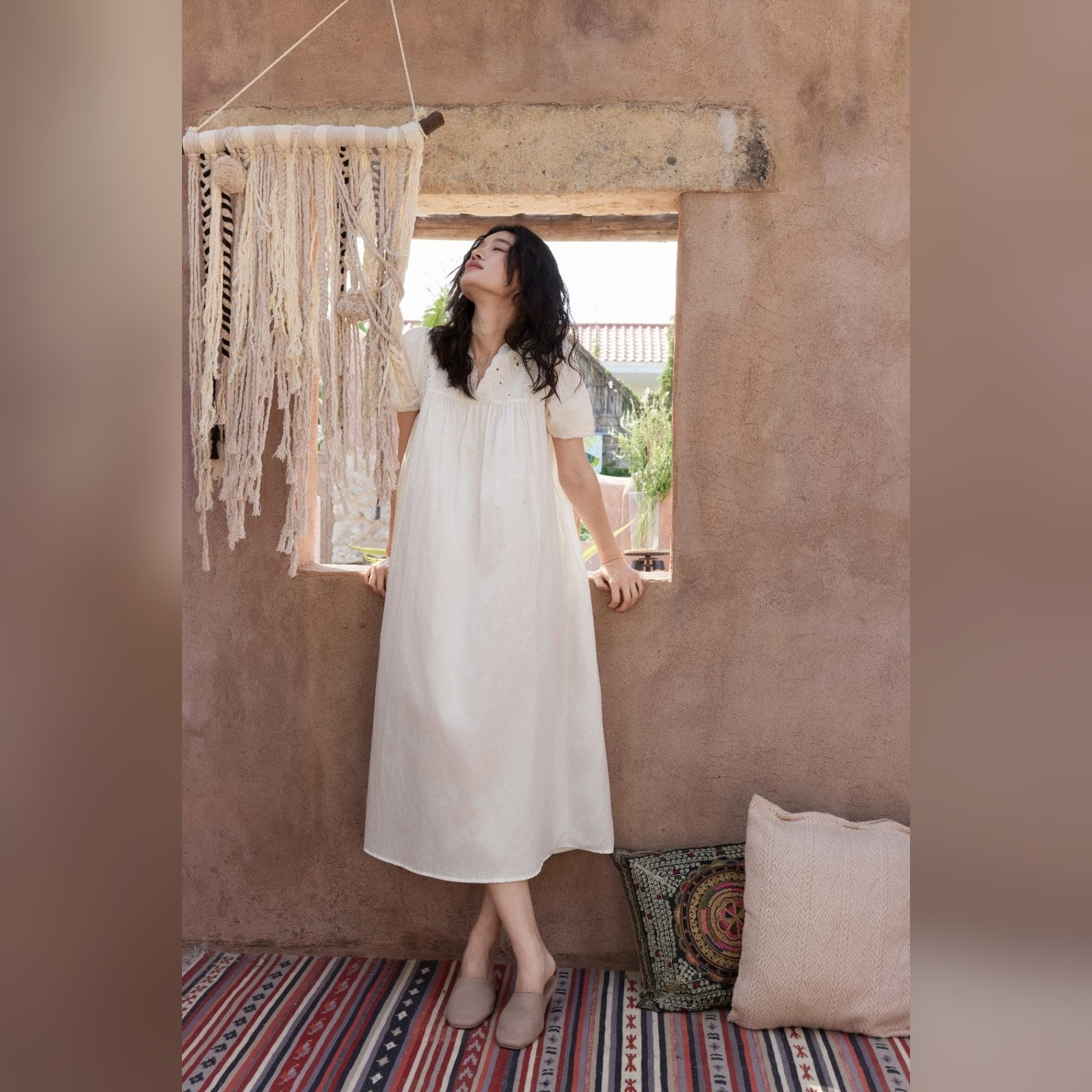 TALASA 100% Cotton Embroidered Short Sleeve Nightgown