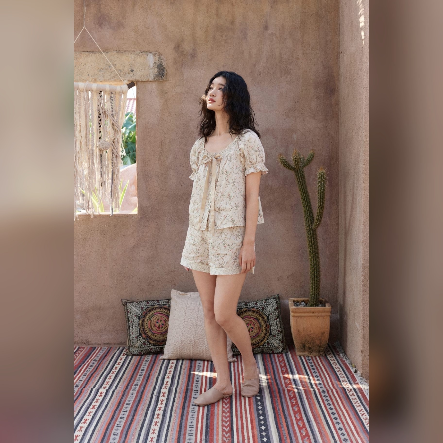 TALASA 100% Cotton Floral Print Lace Trim Lounge Shorts