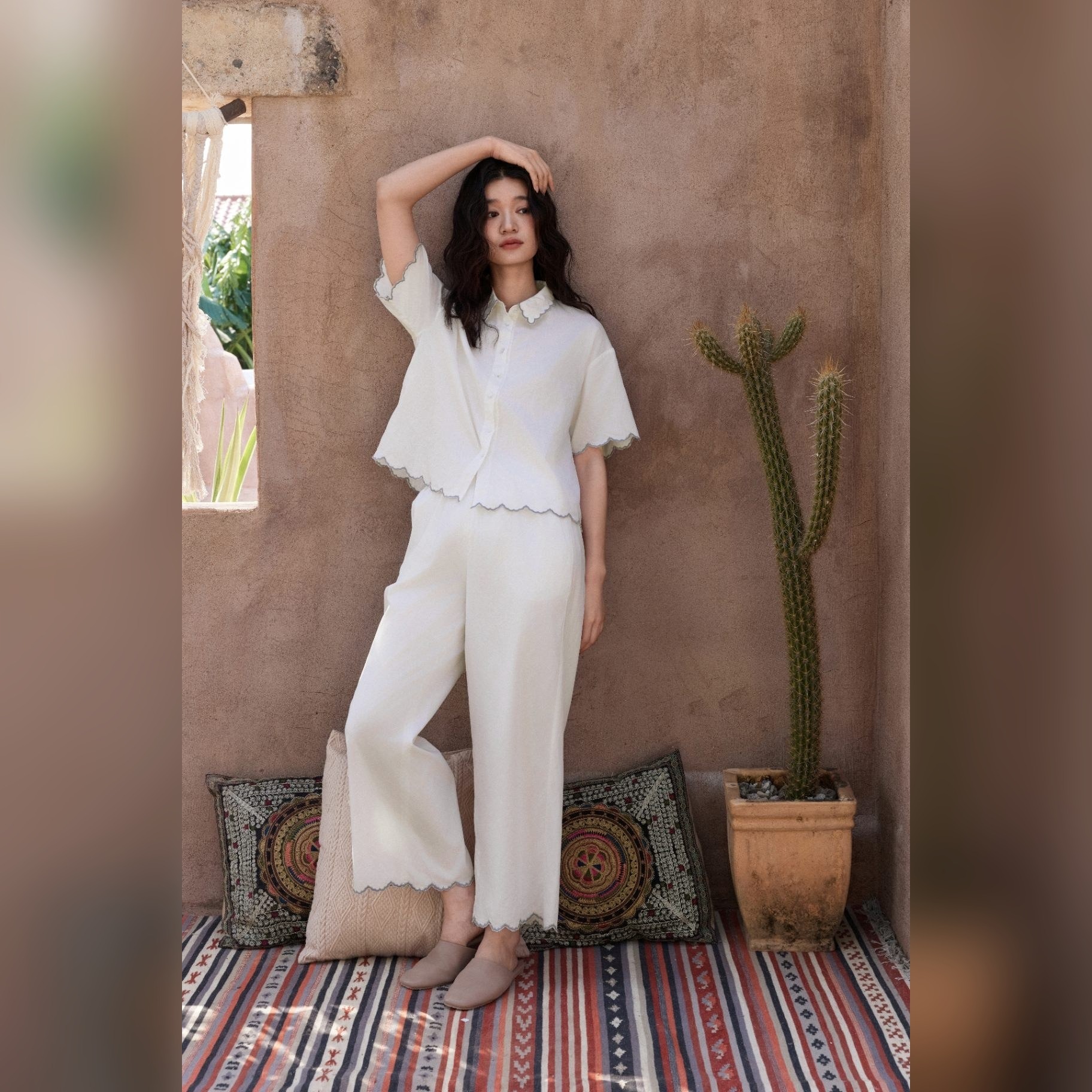 TALASA 100% Cotton Lace Trim Wide Leg Lounge Pants