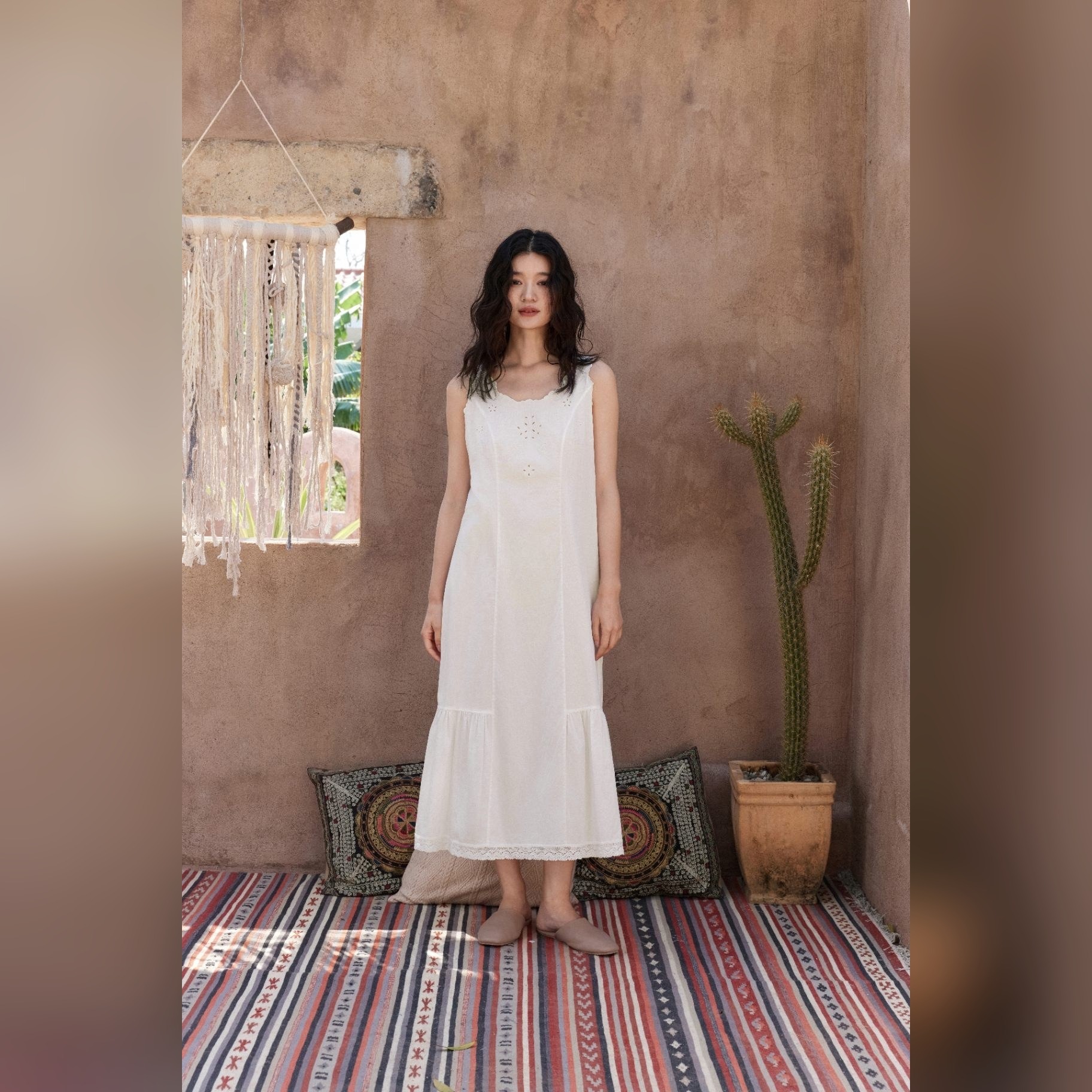 TALASA 100% Cotton Spaghetti Strap Embroidered Nightgown