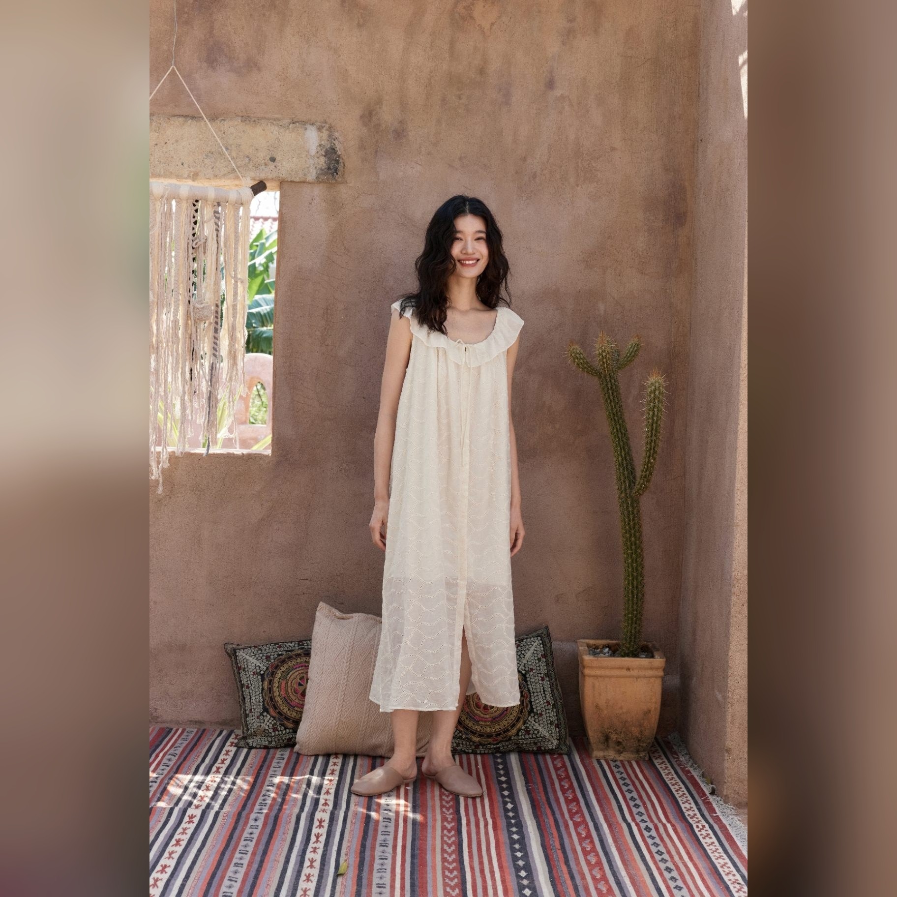 TALASA Silk Cotton Ruffle Collar Embroidered 2-Piece Nightgown Set
